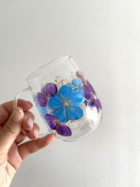 BLUE×PURPLE フラワー グラスマグカップ 1枚目の画像