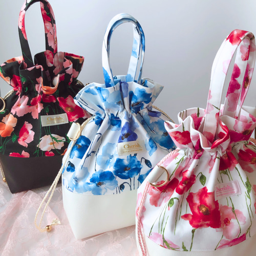 アネモネ柄 ショルダーバッグ 巾着バッグ レザー 2way 長財布 大人