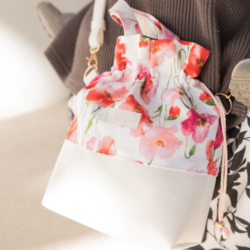 アネモネ柄 ショルダーバッグ 巾着バッグ レザー 2way 長財布 大人