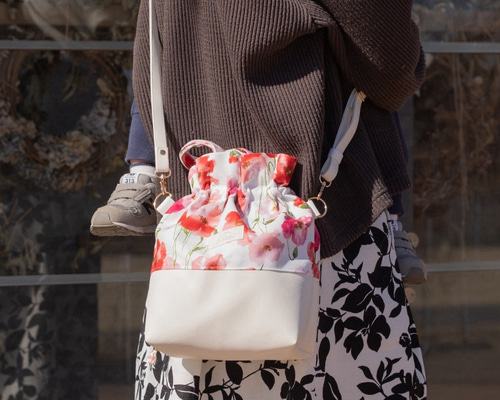 アネモネ柄 ショルダーバッグ 巾着バッグ レザー 2way 長財布 大人