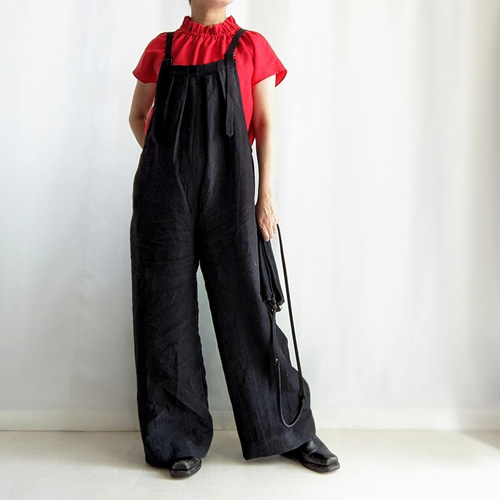 大人のための 春夏リネン サロペットパンツ（ブラック
