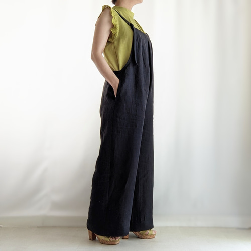 non　リネンサロペット 大人のための 春夏リネン サロペットパンツ（ブラック