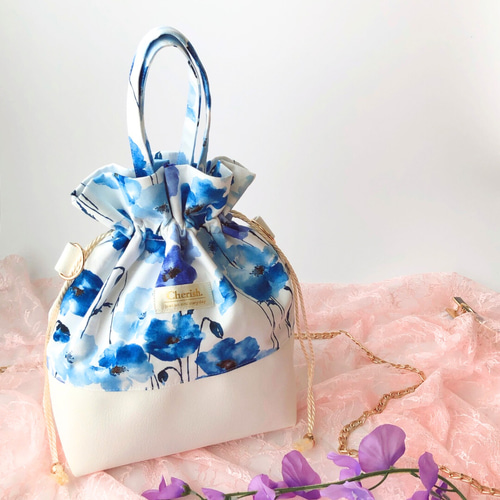 アネモネ柄 ショルダーバッグ 巾着バッグ レザー レザー紐 長財布