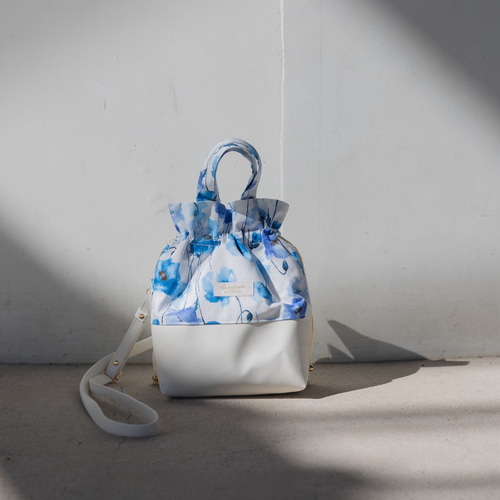 アネモネ柄 ショルダーバッグ 巾着バッグ レザー レザー紐 長財布