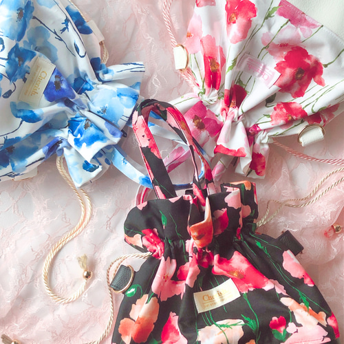 アネモネ柄 ショルダーバッグ 巾着バッグ レザー レザー紐 長財布