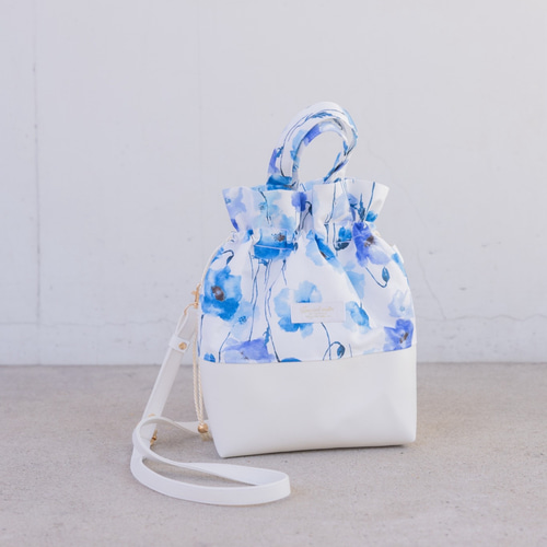 アネモネ柄 ショルダーバッグ 巾着バッグ レザー レザー紐 長財布