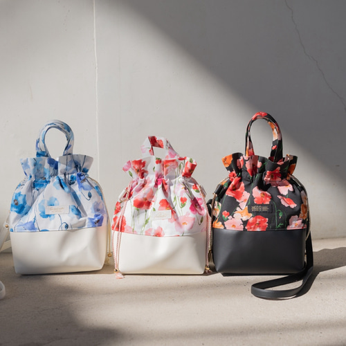アネモネ柄 ショルダーバッグ 巾着バッグ レザー レザー紐 長財布