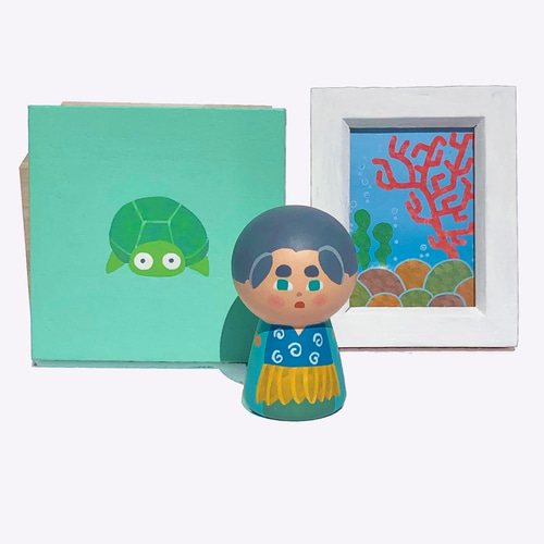 昔話 浦島太郎【木箱と額入りイラスト付】小こけし。誕生日