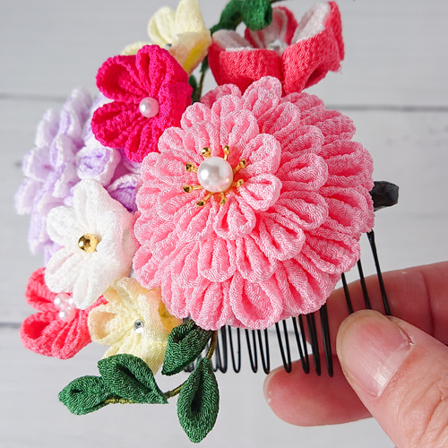 つまみ細工】ボタニカル ピンク＆ラベンダー 髪飾り6点セット 七五三