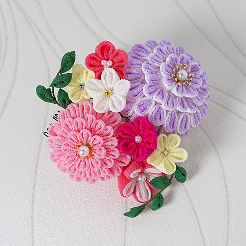 つまみ細工】ボタニカル ピンク＆ラベンダー 髪飾り6点セット 七五三