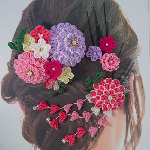 つまみ細工】ボタニカル ピンク＆ラベンダー 髪飾り6点セット 七五三