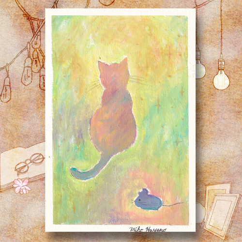 原画1点限り】ほんわか猫とネズミ 小さなパステル画 絵画 はやの