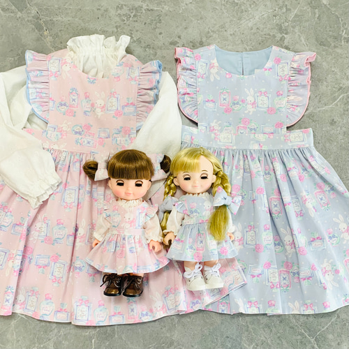 受注制作サイズ80〜130】うさぎ柄 子供服 26㎝ドール お揃い エプロン 