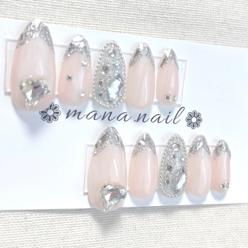 ネイルチップオーダー ストーン埋めつくし フレンチネイル ハートネイル韓国 オープニングセール 現品ネイルチップ 韓国ネイル 埋めつくし