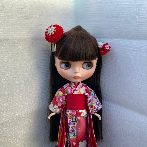 ブライス用 髪飾り つまみ細工 赤系ビラ付 かんざし Little by little