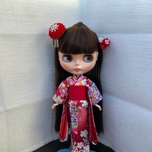 ブライス用 髪飾り つまみ細工 赤系ビラ付 かんざし Little by little 