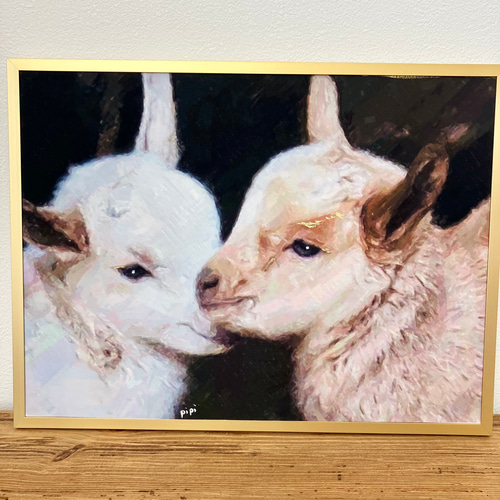 * antique sheep ❀ クリスマスの羊さん (水色リボンと鈴♪) baby goat』2匹の子山羊さんの絵 絵画 pipi 通販 16389686
