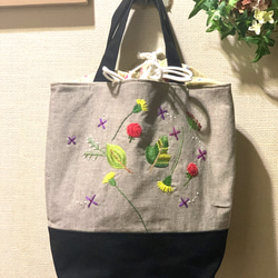 夏花の刺繍巾着トート 2枚目の画像