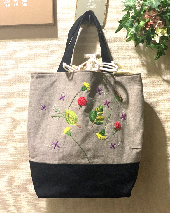 夏花の刺繍巾着トート 2枚目の画像