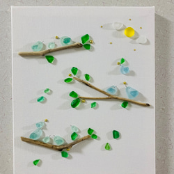 シーグラスアート キャンバスアート インテリア雑貨 壁掛け 置物 北欧 小鳥 観葉植物 お月見 贈り物 プレゼント 3枚目の画像