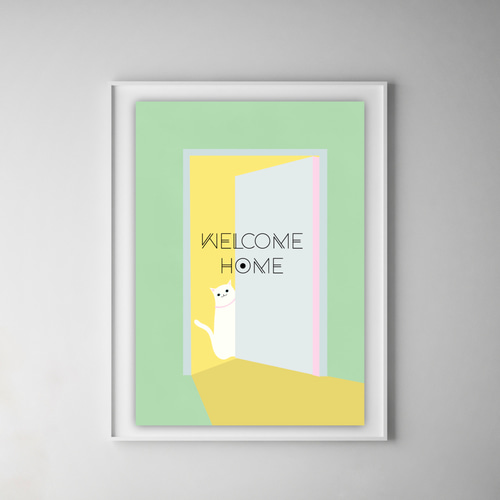 グラフィック・アートポスター WELCOME HOME CAT / 猫 白ネコ 家 