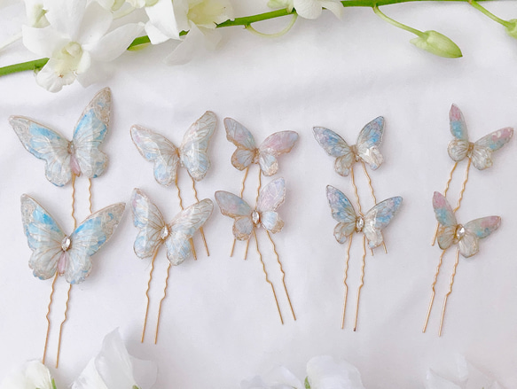 バタフライコーム　水色　ヘアアクセサリー　フラワー　結婚式　ブライダル　蝶々　ちょうちょ　前撮り　ヘアピン　和装　成人式 3枚目の画像
