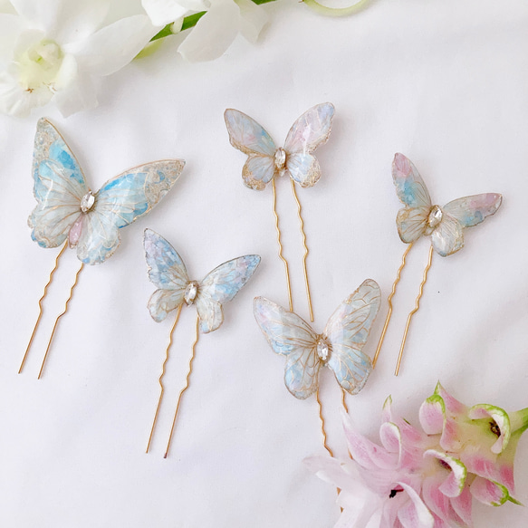 バタフライコーム　水色　ヘアアクセサリー　フラワー　結婚式　ブライダル　蝶々　ちょうちょ　前撮り　ヘアピン　和装　成人式 1枚目の画像