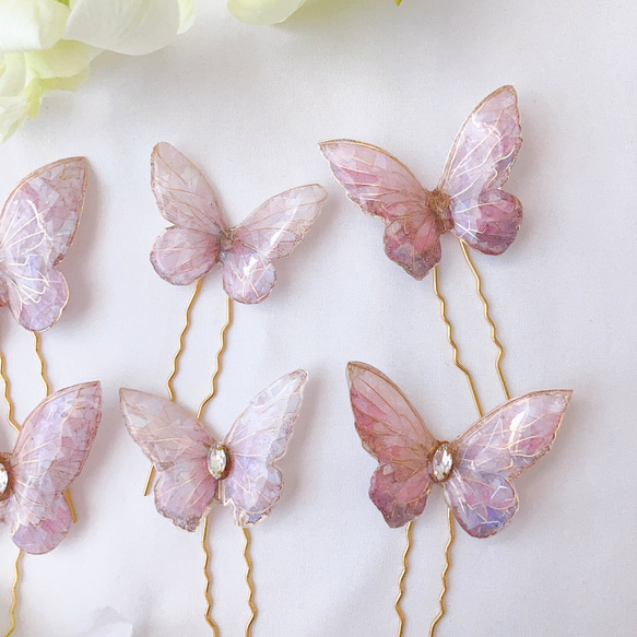 バタフライコーム　ピンク　ヘアアクセサリー　結婚式　ブライダル　蝶々　ちょうちょ　前撮り　ヘアピン　和装　成人式 14枚目の画像