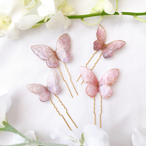 バタフライコーム　ピンク　ヘアアクセサリー　結婚式　ブライダル　蝶々　ちょうちょ　前撮り　ヘアピン　和装　成人式 2枚目の画像