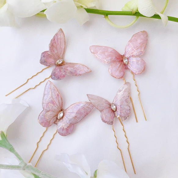 バタフライコーム　ピンク　ヘアアクセサリー　結婚式　ブライダル　蝶々　ちょうちょ　前撮り　ヘアピン　和装　成人式 1枚目の画像