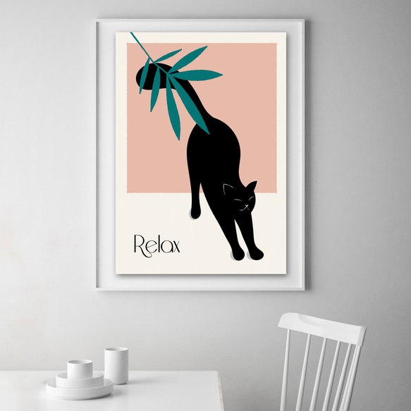 グラフィック・アートポスター Relax Cat / 猫 黒ネコ 自然 ボタニカル ピンク ヨガ ポップイラスト 7枚目の画像