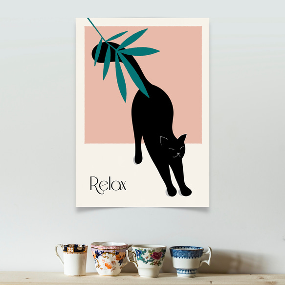 グラフィック・アートポスター Relax Cat / 猫 黒ネコ 自然 ボタニカル ピンク ヨガ ポップイラスト 5枚目の画像