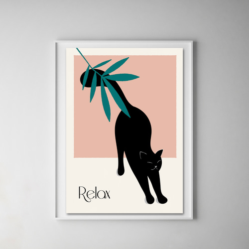 グラフィック・アートポスター Relax Cat / 猫 黒ネコ 自然 ボタニカル