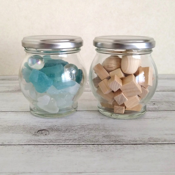 海と山のオブジェ シーグラス、国産ひのき いろんなカタチ 球びん