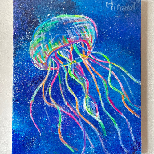 カラフルなクラゲの絵画　キャンバス　アート　真作　癒し　抽象画　作品証明書付き 真作 作品証明書付】アクリル画 クラゲ 原画 現代アート