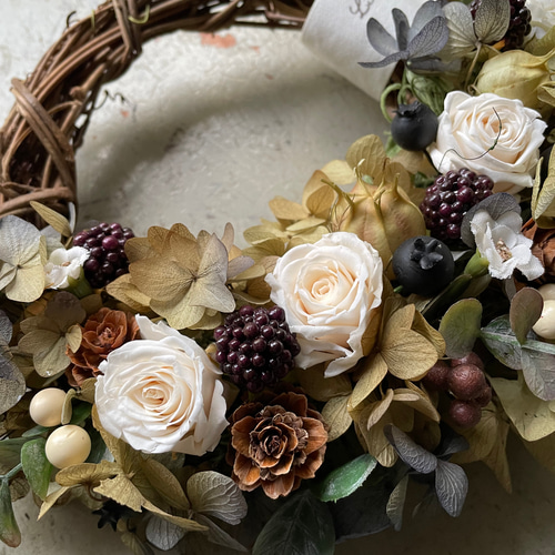 秋色紫陽花と木の実のアンティークリース