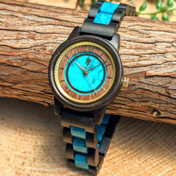 【木製腕時計】EINBAND Anmut 天然石 ターコイズ × サンダルウッド【32mm】 1枚目の画像