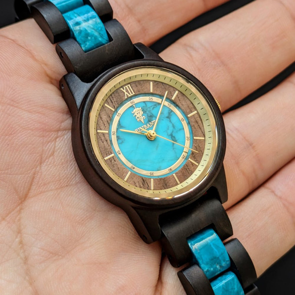 【木製腕時計】EINBAND Anmut 天然石 ターコイズ × サンダルウッド【32mm】 5枚目の画像