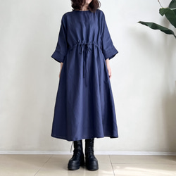 ゆったりドルマン袖ワンピース（8分袖）Linen Navy 1枚目の画像