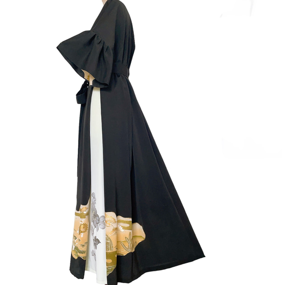 黒留袖 最強着映えワンピース 着丈123cm 着物リメイク 結婚式 ブライダル M〜LL  黒 （A5803） 7枚目の画像