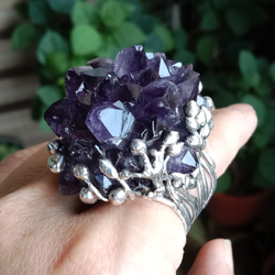 紫水晶原礦手工銀戒 純銀戒指~ 「紫晶花」~ Amethyst Cluster Silver Ring 第4張的照片