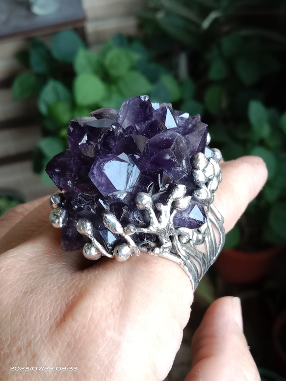 紫水晶原礦手工銀戒 純銀戒指~ 「紫晶花」~ Amethyst Cluster Silver Ring 第4張的照片