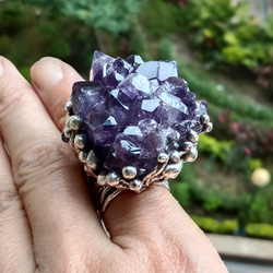 紫水晶原礦手工銀戒 純銀戒指~ 「紫晶花」~ Amethyst Cluster Silver Ring 第5張的照片