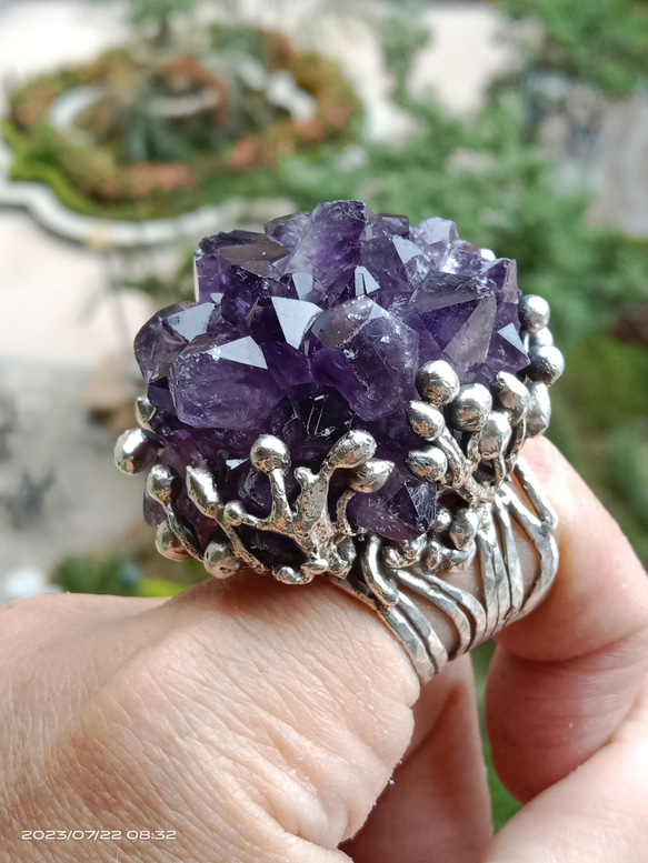 紫水晶原礦手工銀戒 純銀戒指~ 「紫晶花」~ Amethyst Cluster Silver Ring 第9張的照片