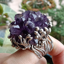 紫水晶原礦手工銀戒 純銀戒指~ 「紫晶花」~ Amethyst Cluster Silver Ring 第13張的照片