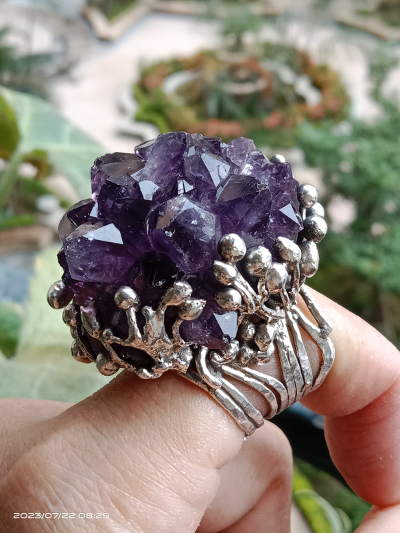 紫水晶原礦手工銀戒 純銀戒指~ 「紫晶花」~ Amethyst Cluster Silver Ring 第13張的照片