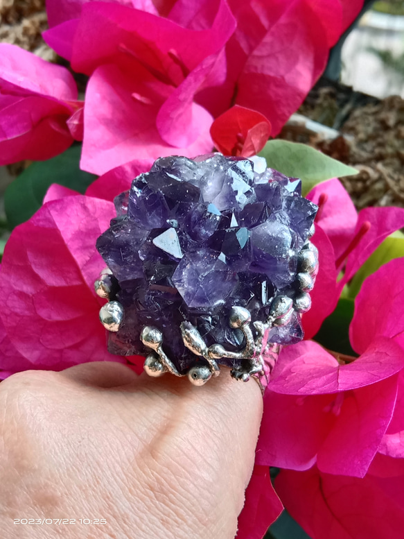 紫水晶原礦手工銀戒 純銀戒指~ 「紫晶花」~ Amethyst Cluster Silver Ring 第1張的照片