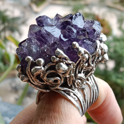 紫水晶原礦手工銀戒 純銀戒指~ 「紫晶花」~ Amethyst Cluster Silver Ring 第11張的照片