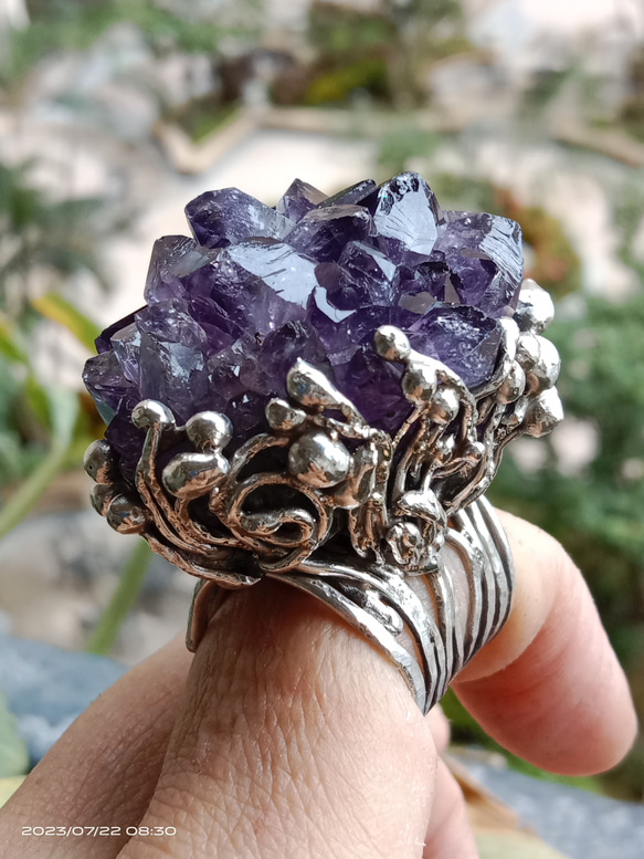 紫水晶原礦手工銀戒 純銀戒指~ 「紫晶花」~ Amethyst Cluster Silver Ring 第11張的照片