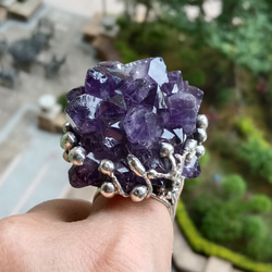 紫水晶原礦手工銀戒 純銀戒指~ 「紫晶花」~ Amethyst Cluster Silver Ring 第7張的照片